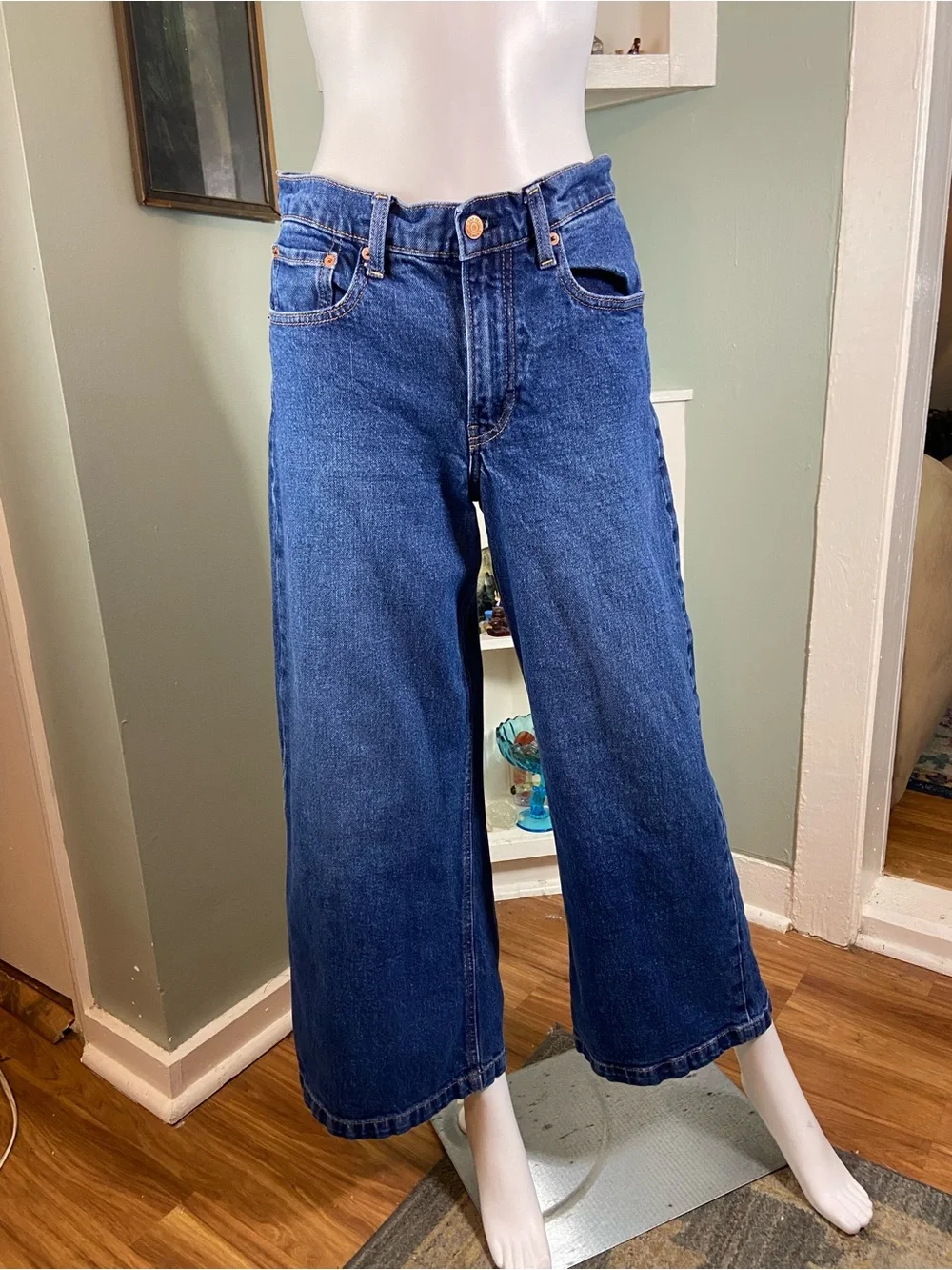 GAP High Rise Stride 2P Petite Wide Leg High Waist Rise Jeans Med-Dark Wash